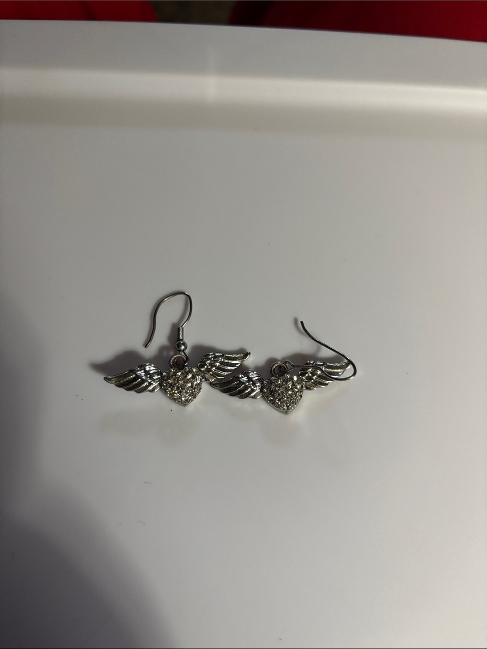 Silver Winged Heart Crystal Drop Earrings
